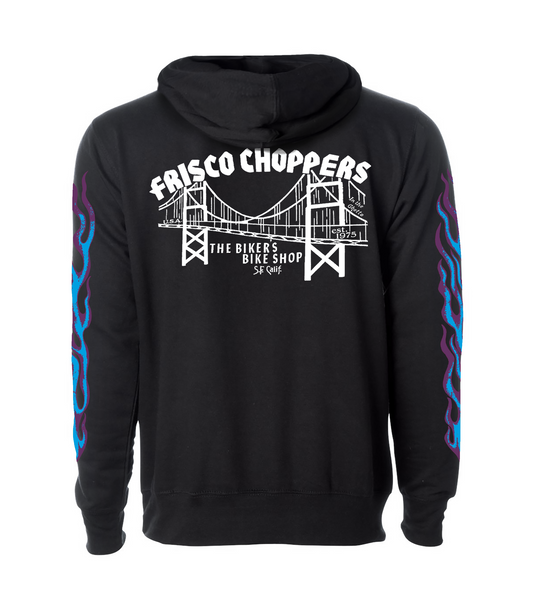 Frisco Choppers Black Hoodies with Blue & Purple Skull and Flame Logo