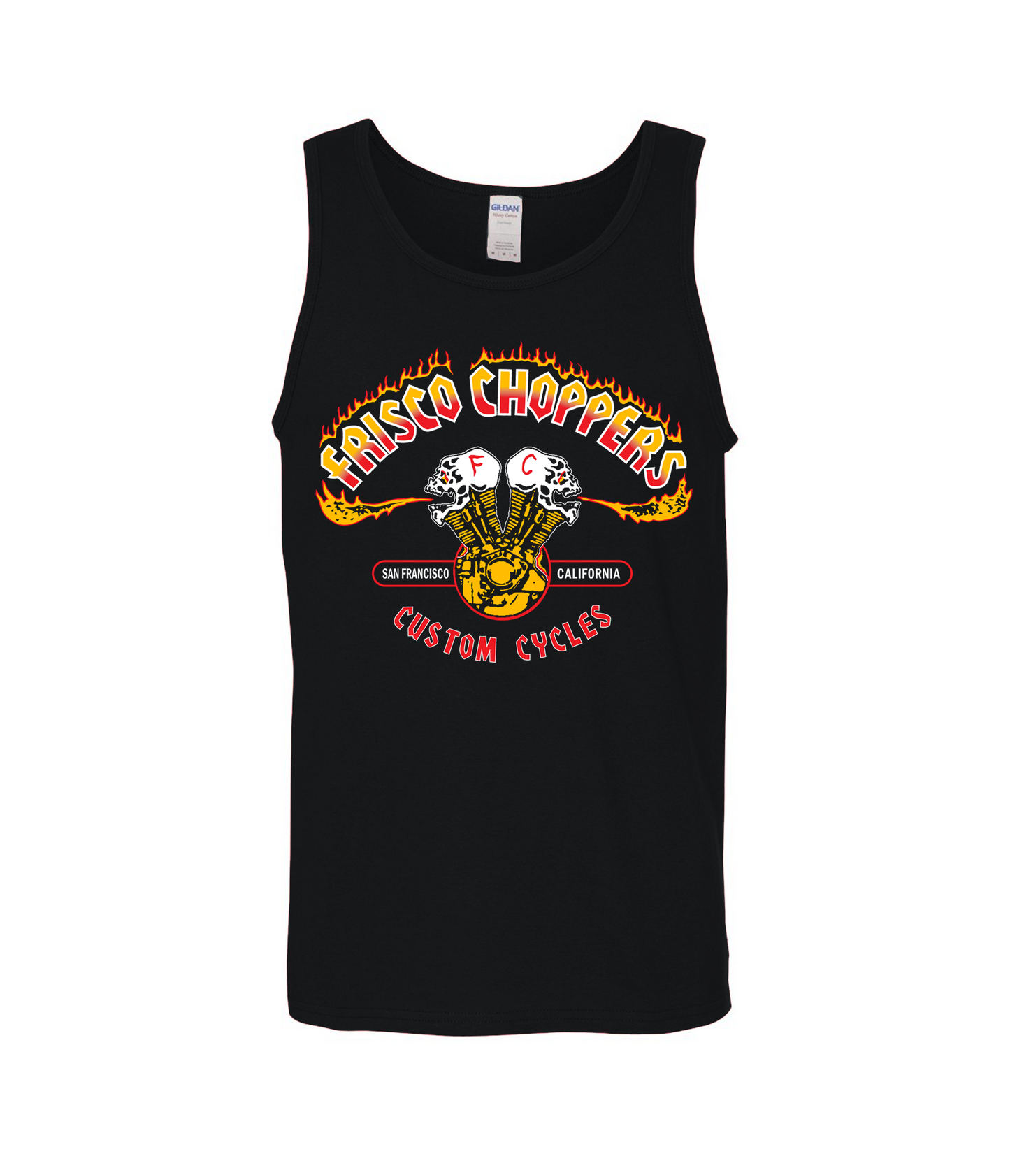 Frisco Choppers Black Tanktop with Yellow and Red Frisco Choppers logo
