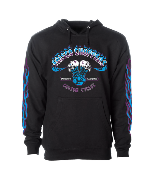 Frisco Choppers Black Hoodies with Blue & Purple Skull and Flame Logo