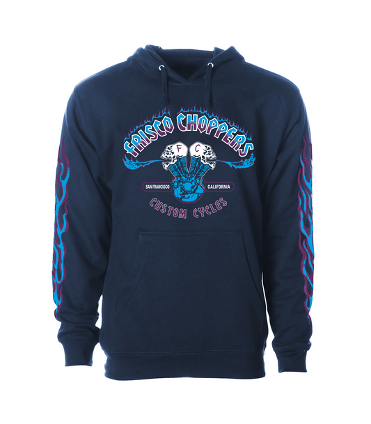 Frisco Choppers Navy Hoodies  Blue & Purple Skull and Flames Logo