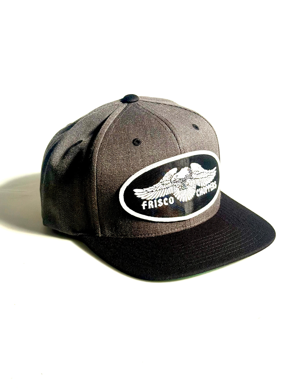 FRISCO GREY HAT W/BLACK BILL & BLACK & WHITE EAGLE PATCH SNAP BACK