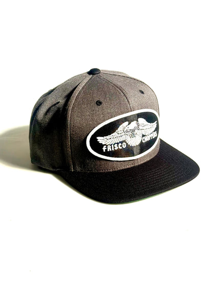 FRISCO GREY HAT W/BLACK BILL & BLACK & WHITE EAGLE PATCH SNAP BACK