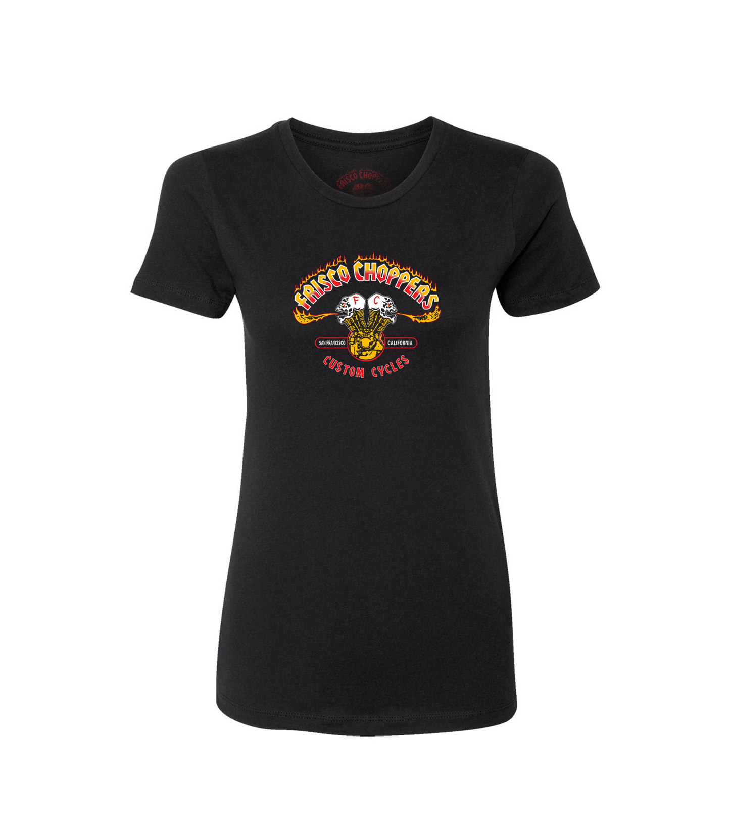 Ladies Frisco Yellow & Red Skull and Pistons Short Sleeve