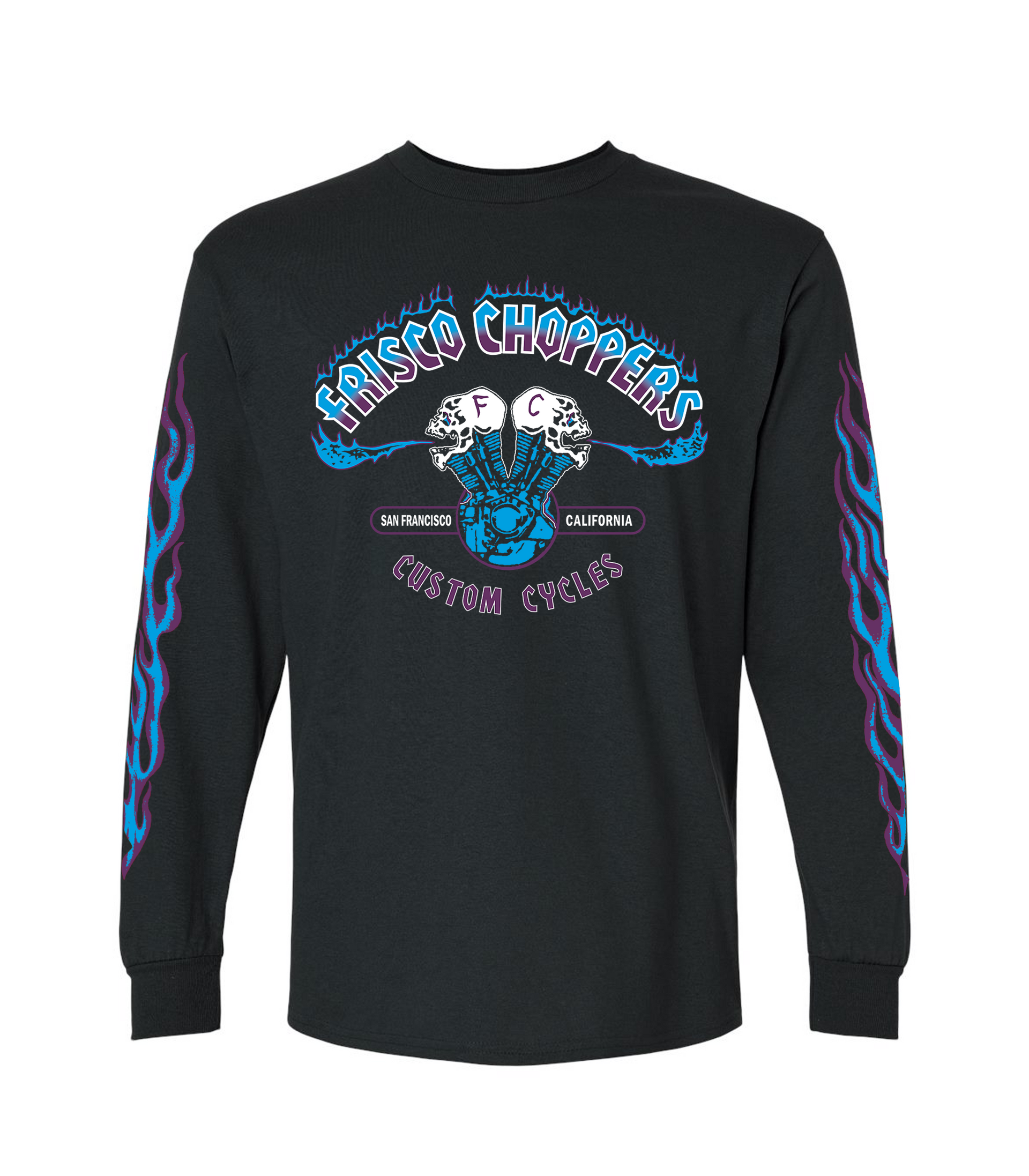 1980 FRISCO CHOPPERS 長袖Tシャツ Frisco Choppers Flaming Skull Blue & Purple Long Sleeve